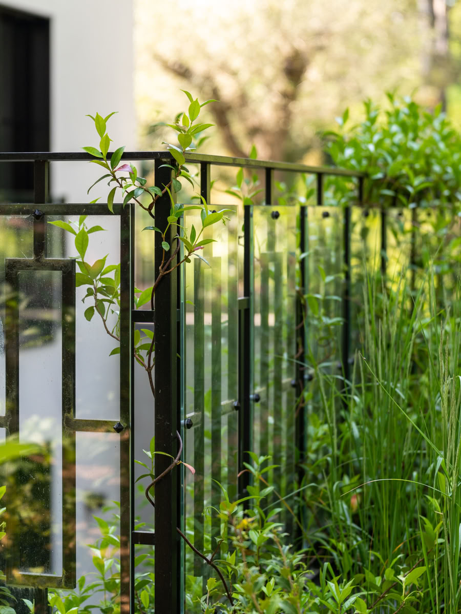 Clôture métallique avec des plantes grimpantes et verdure environnante, maison en arrière-plan à Collonge-Bellerive.