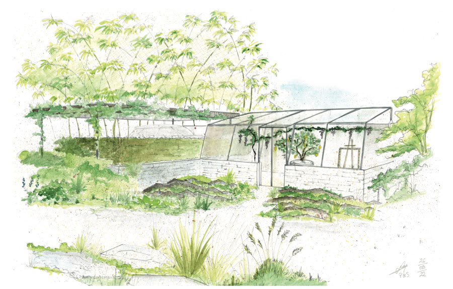 Illustration d'un jardin à Collonge-Bellerive avec des arbres, des buissons et une structure en bois avec un toit en verre.