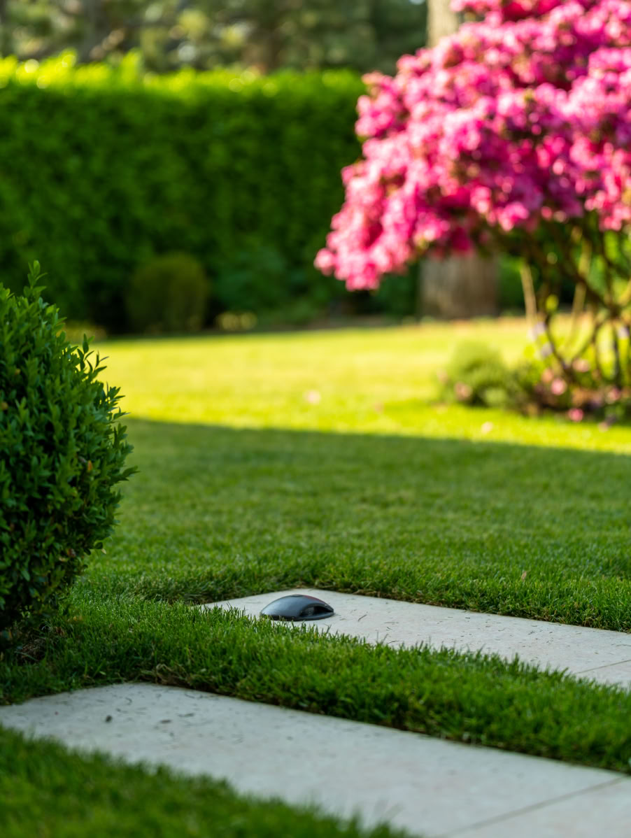 Allée en pierre dans un jardin à Vésenaz avec buissons verts et un grand arbuste fleuri rose.