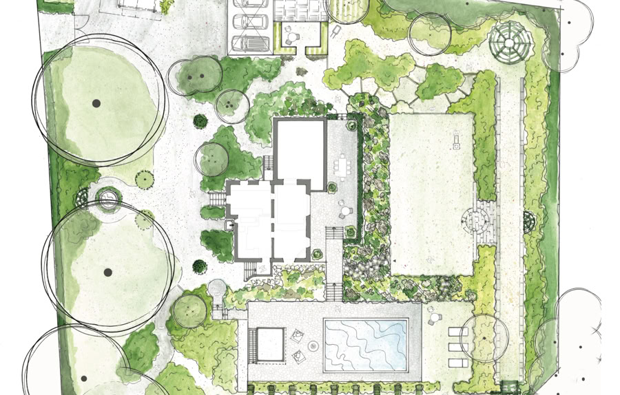 Plan d'aménagement paysager avec bâtiments, piscine, arbres et chemins à Collonge-Bellerive.