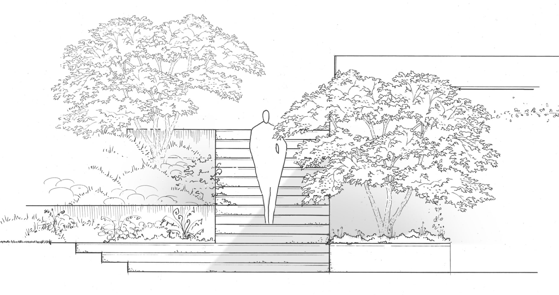 Illustration en noir et blanc d'un escalier extérieur entouré de végétation, avec une silhouette humaine au sommet des marches.