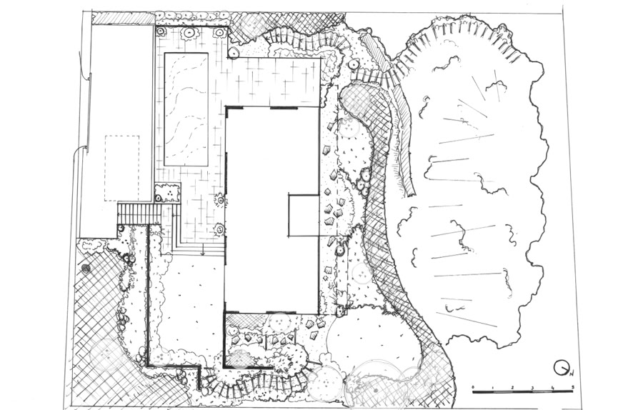 Plan architectural en noir et blanc montrant un bâtiment rectangulaire entouré de jardins, chemins et arbres, avec des détails de paysage.