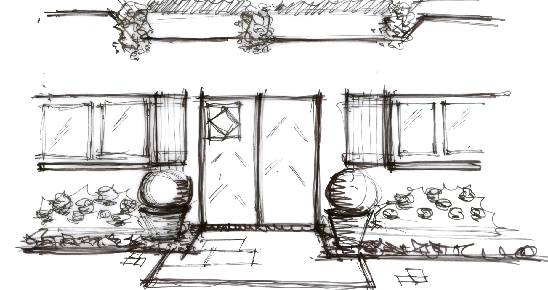Aménagement jardin Cologny. Croquis d'une entrée de maison avec une porte centrale, deux fenêtres de chaque côté, des pots de fleurs ronds et des plantes sur le sol.