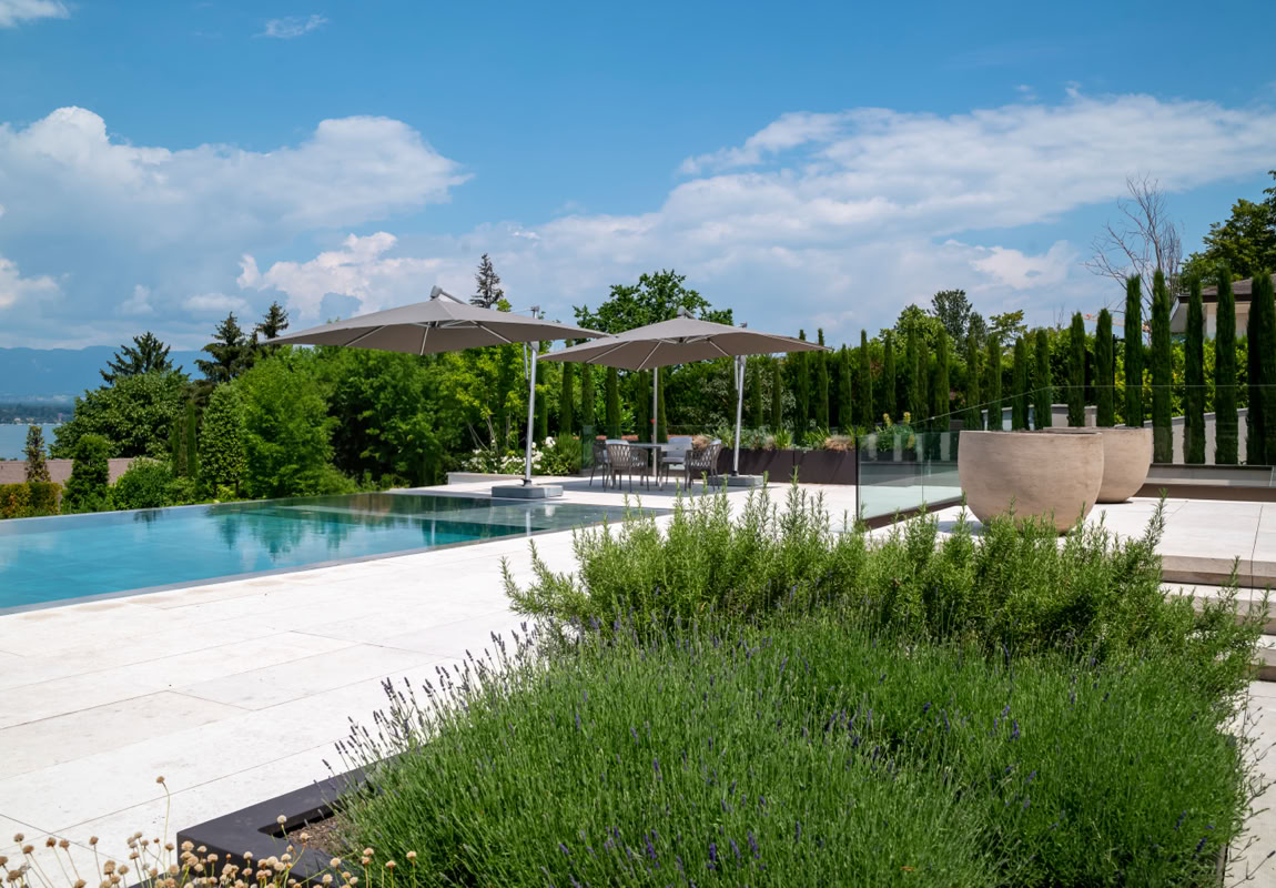 Jardin Piscine extérieure entourée de végétation avec des parasols et des chaises longues, ciel bleu en arrière-plan à Cologny.