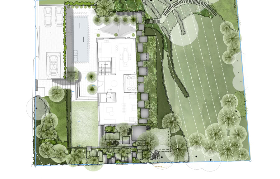 Plan d'aménagement paysager avec une maison au centre, entourée de jardins, arbres et espaces verts.