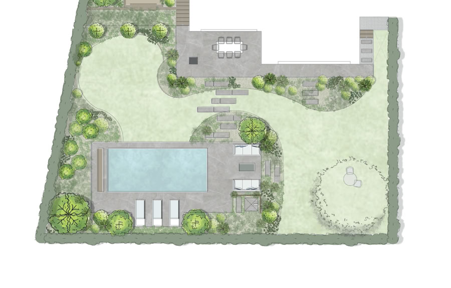 Plan d'aménagement paysager avec piscine, terrasse, allées, et zones de verdure entourées de végétation à Vésenaz.