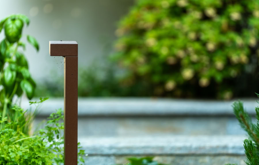 Un jardin avec des plantes vertes et un poteau métallique luminaire.