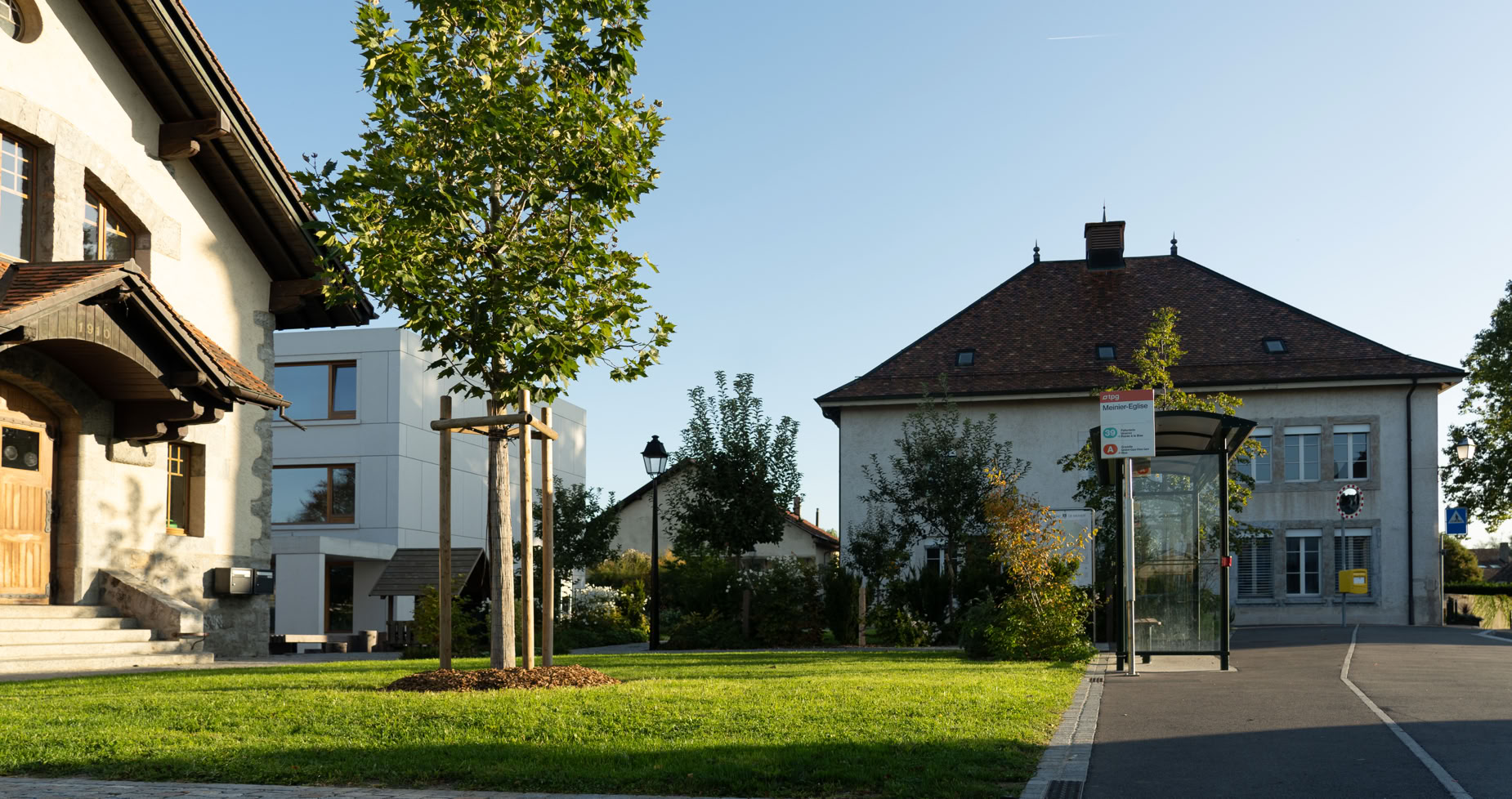 Aménagement parc école Meinier. Deux bâtiments blancs avec des toits en pente, un arbre au centre, et un ciel bleu clair.