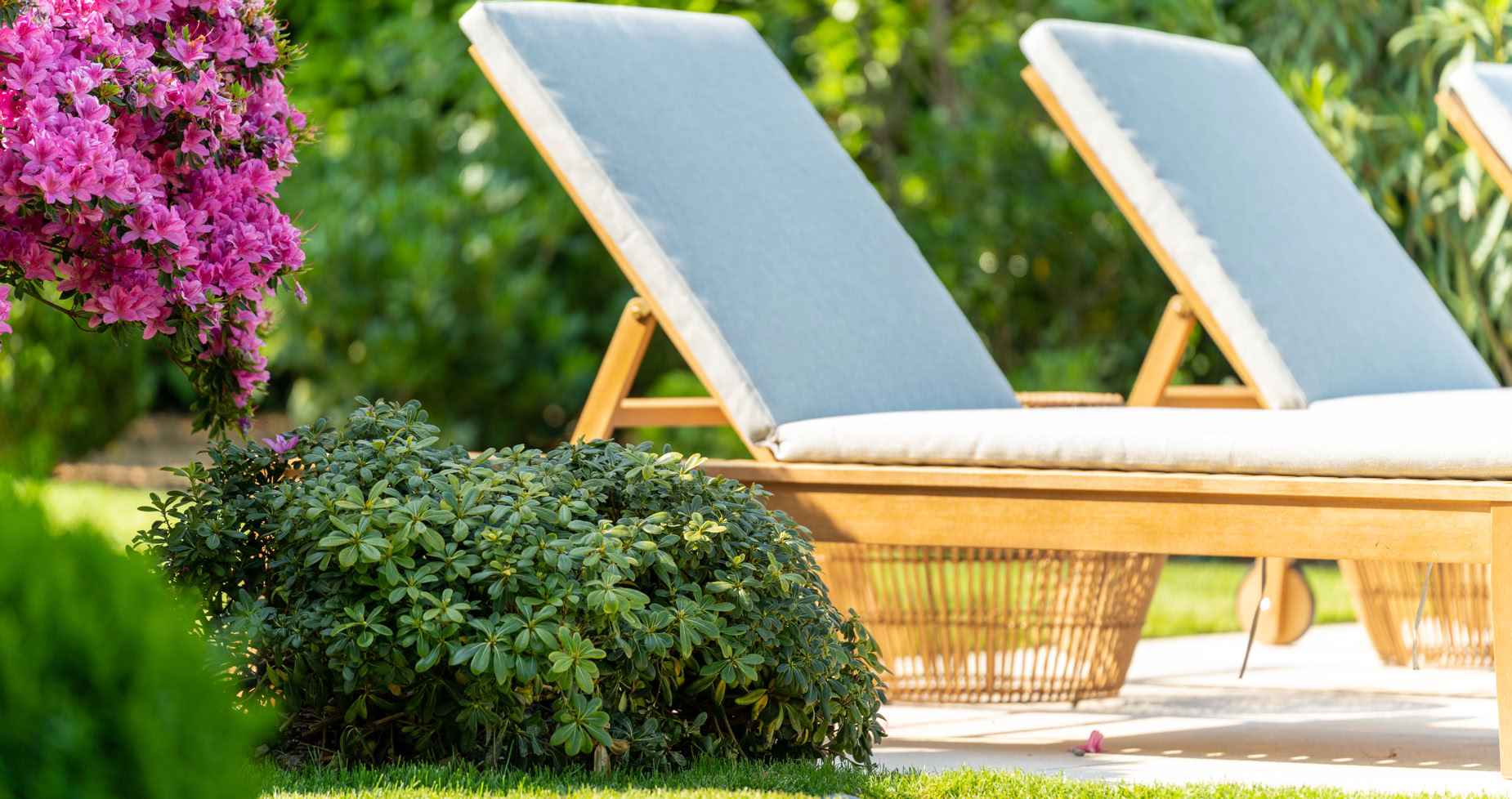 Aménagement jardin Vésenaz. Chaises longues en bois avec coussins gris sur une terrasse, entourées de buissons verts et de fleurs roses.